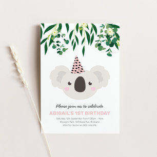 Koala With Pink Party Hat Birthday Invitation