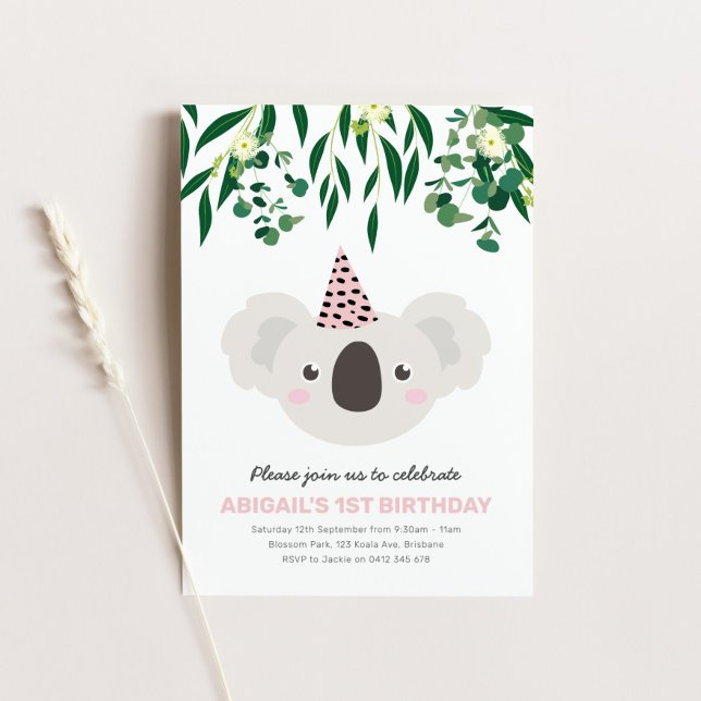 Koala With Pink Party Hat Birthday Invitation (Creator Uploaded)