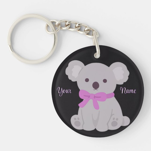Koala with Purple Bow Cute Kawaii Custom Black Key Ring (Front)