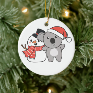 Koala With Snowman In Winter For Christmas Ceramic Ornament