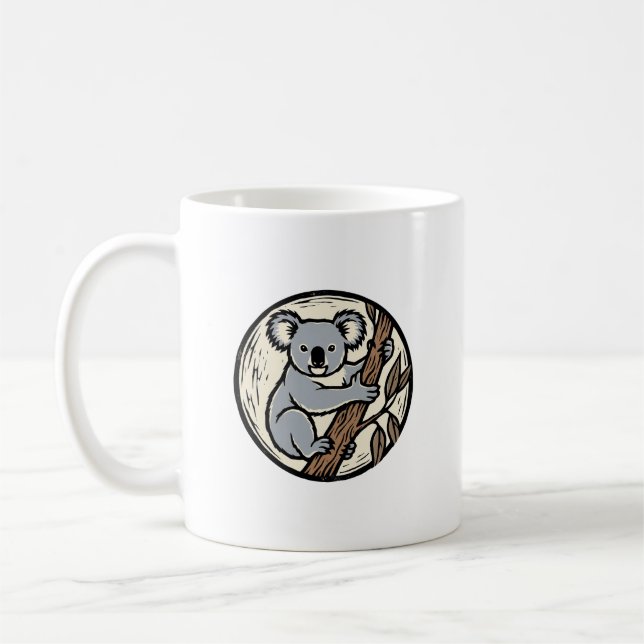 Koala Woodcut Art Round Mug (Left)