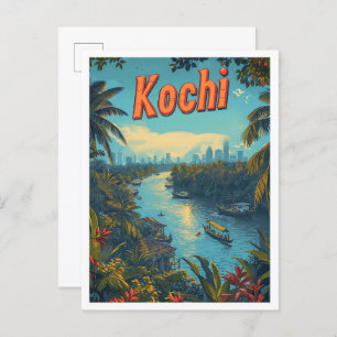 Kochi Kerala India Vintage Art Travel Illustration Postcard