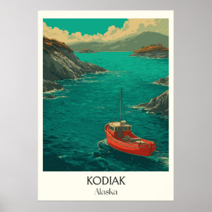 Kodiak Alaska Coastal Town Red Boat Poster