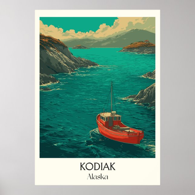 Kodiak Alaska Coastal Town Red Boat Poster (Front)