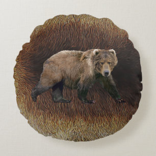 Kodiak Bear On Caribou Fur Round Cushion