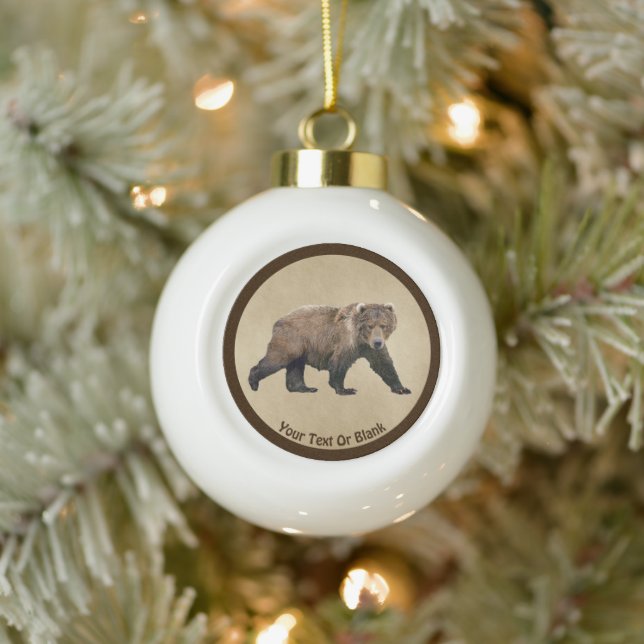 Kodiak Bear On Old Paper Ceramic Ball Christmas Ornament (Tree)