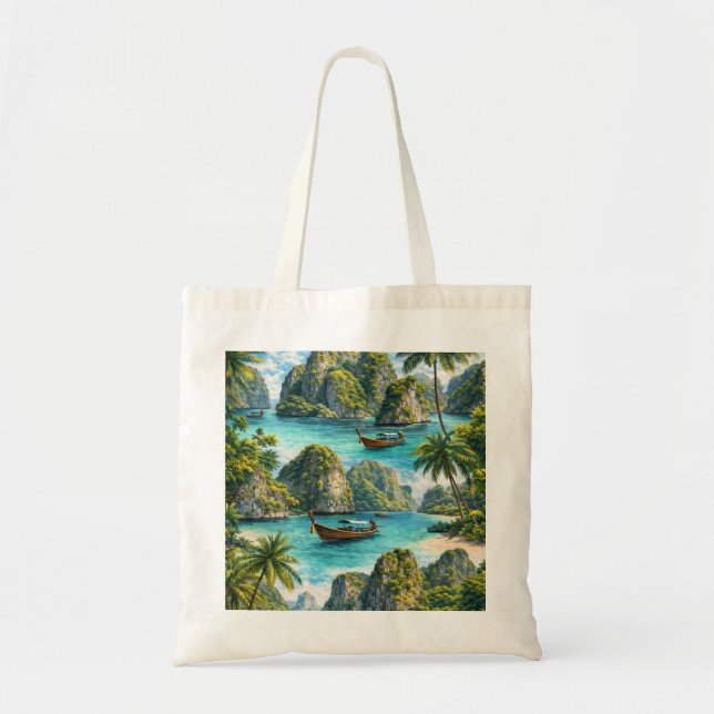 Koh Phi Phi Thailand Tropical Lagoon Longtail Boat Tote Bag (Front)