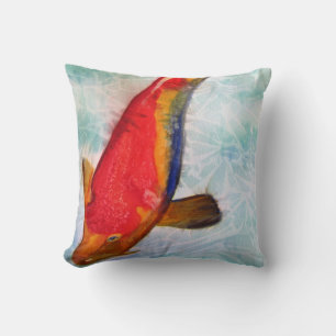 Kohaku Koi Japanese fish blue watercolor art Cushion