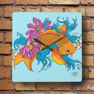 Koi and Flowers Square Wall Clock