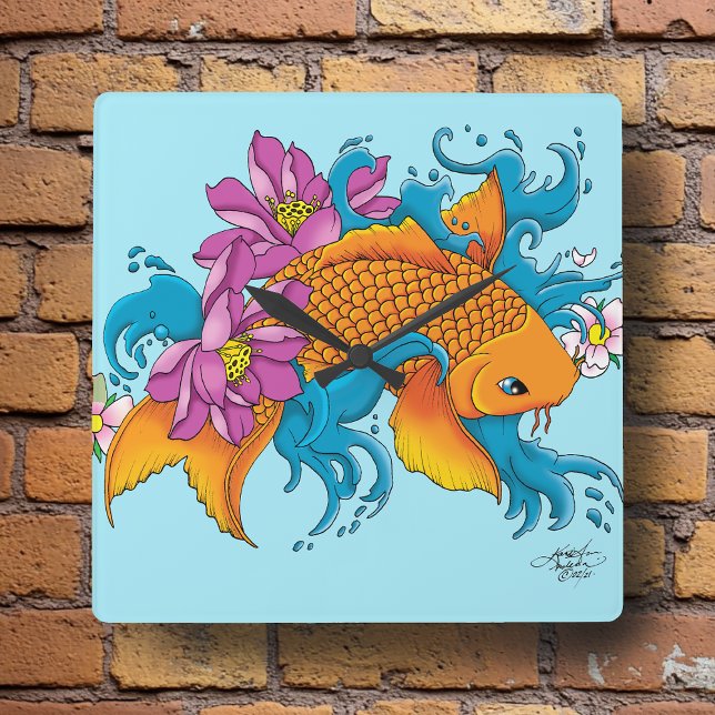 Koi and Flowers Square Wall Clock (Creator Uploaded)
