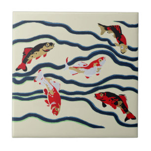 Koi and Flowing Waves Art Nouveau Design Ceramic Tile