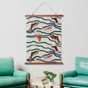 Koi and Flowing Waves Art Nouveau Design Hanging Tapestry