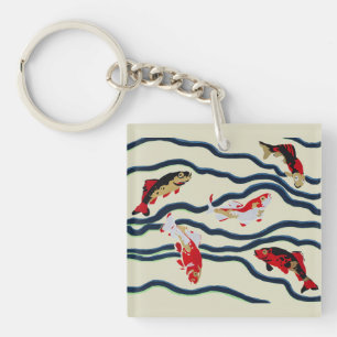 Koi and Flowing Waves Art Nouveau Design Key Ring