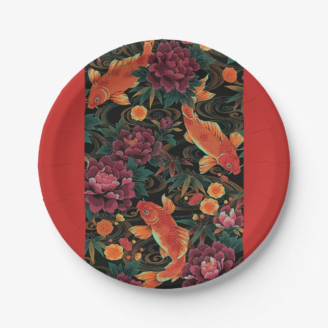 Koi and Peonies Paper Plate (Front)