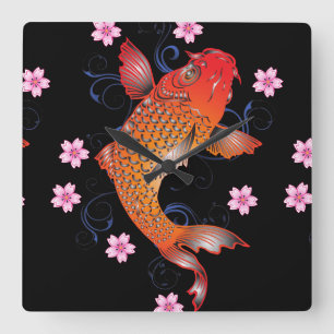 KOI black orange oriental Square Wall Clock