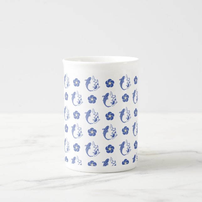 "Koi Blossom Crest: Serene Blue Edition" Bone China Mug (Front)