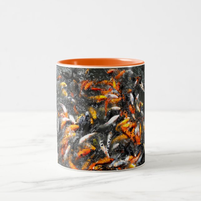 Koi carp feeding frenzy Two-Tone coffee mug (Center)