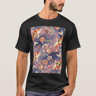 Koi Carp Seamless Pattern in Folk Art Style – Sc T-Shirt