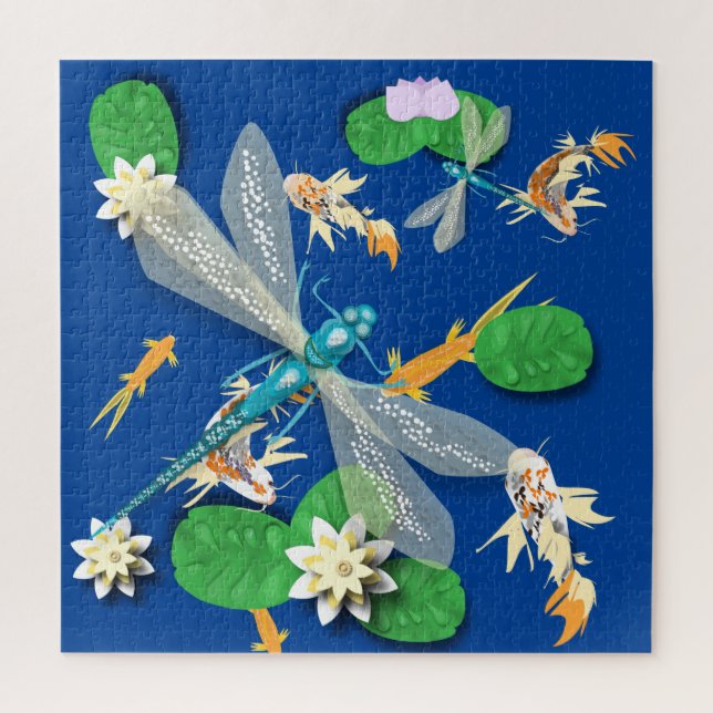 Koi Carp, Water Lily and Blue Dragonflies  Jigsaw Puzzle (Vertical)