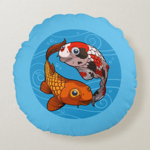 Koi Carp Yin Yang Design Happy Fish Illustration Round Cushion