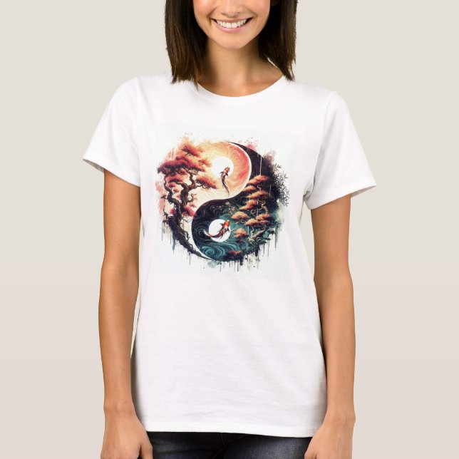 Koi Fish and Cherry Blossom Yin Yang T-Shirt (Front)