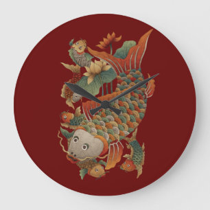 koi fish and lotus flowers large clock