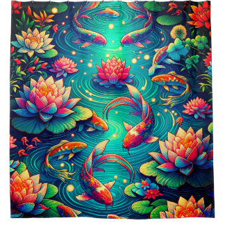 “Koi Fish and Lotus Flowers - Vibrant Aquatic Art” Shower Curtain