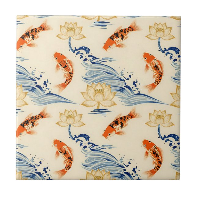 Koi Fish and Lotus Seamless Pattern Ceramic Tile (Front)