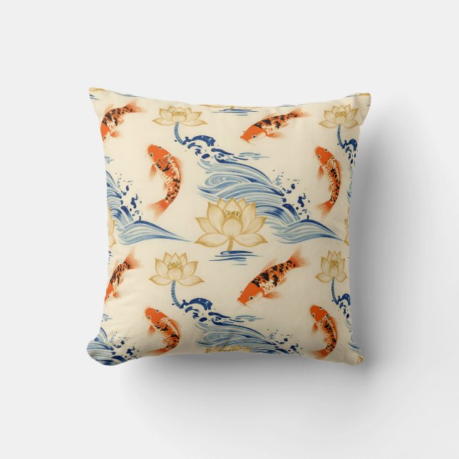 Koi Fish and Lotus Seamless Pattern Cushion (Front)