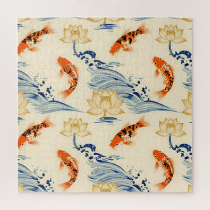 Koi Fish and Lotus Seamless Pattern Jigsaw Puzzle