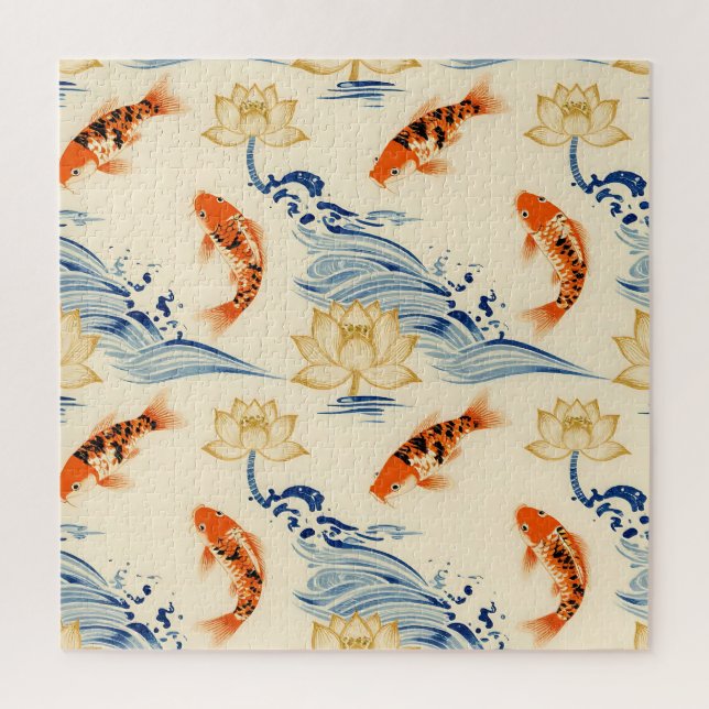 Koi Fish and Lotus Seamless Pattern Jigsaw Puzzle (Vertical)