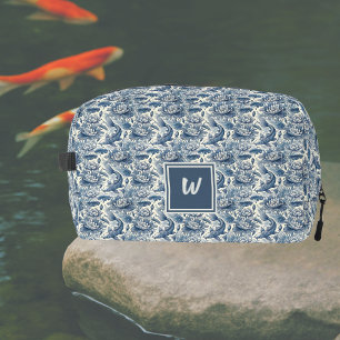 Koi Fish and Water Lily Blue Chinoiserie Monogram Dopp Kit