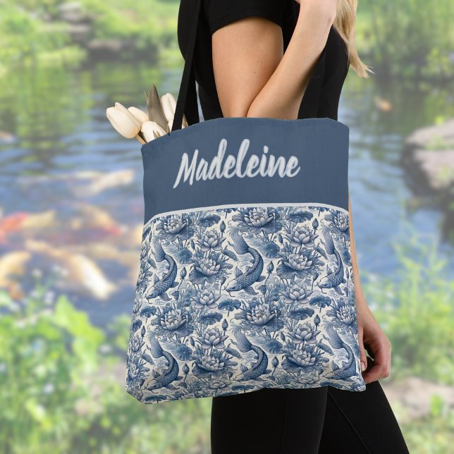 Koi Fish and Water Lily Blue Chinoiserie Monogram Tote Bag (Creator Uploaded)