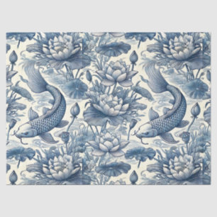 Koi Fish and Water Lily Blue Chinoiserie Toile Tissue Paper