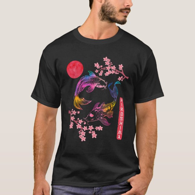 Koi Fish Carp Cherry Blossom Japanese Sun Rainbow  T-Shirt (Front)
