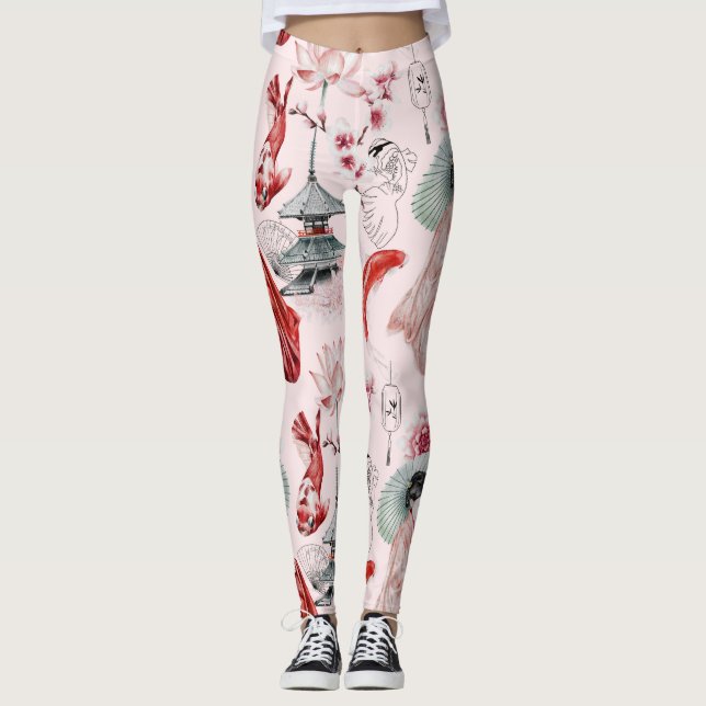 Koi fish Geisha Japanese pattern leggings (Front)