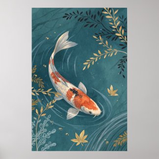 Koi Fish Golden Leaves Poster