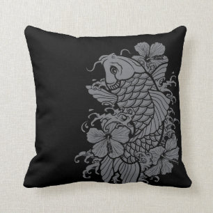 Koi Fish Grey on Black Cushion
