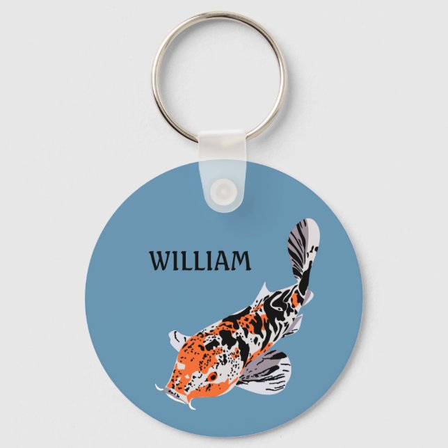 Koi Fish Illustration Orange and Blue Personalised Key Ring (Front)