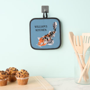 Koi Fish Illustration Orange and Blue Personalised Pot Holder