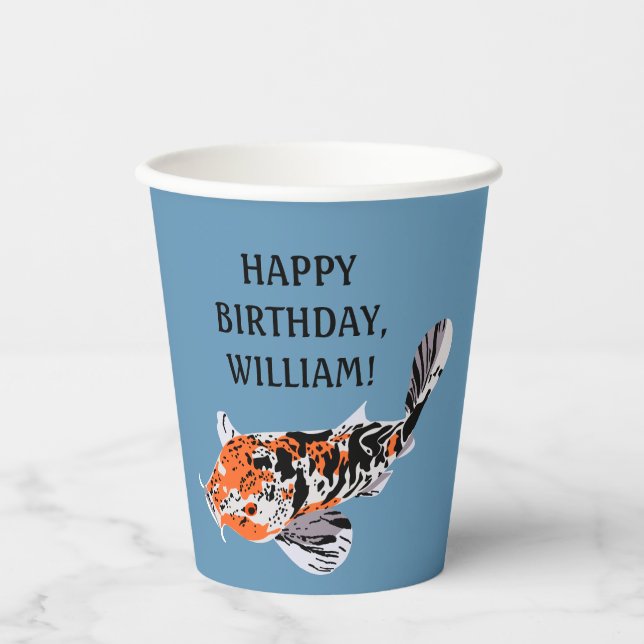 Koi Fish Illustration Orange, Blue Birthday Party Paper Cups (Front)