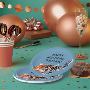 Koi Fish Illustration Orange, Blue Birthday Party Paper Plate