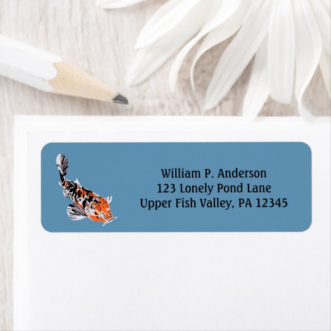 Koi Fish Illustration Orange, Blue Return Address Label (Insitu)