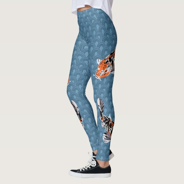 Koi Fish Illustrations on Blue Waves Patterned Leggings (Left)