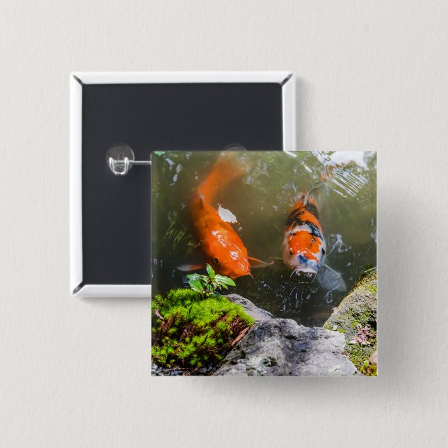 Koi fish in a pond 15 cm square badge (Front & Back)
