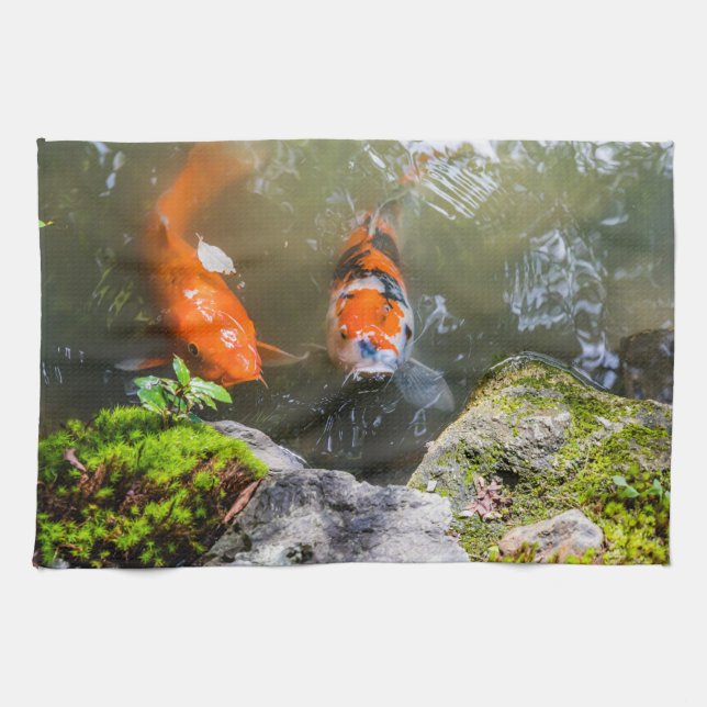 Koi fish in a pond tea towel (Horizontal)