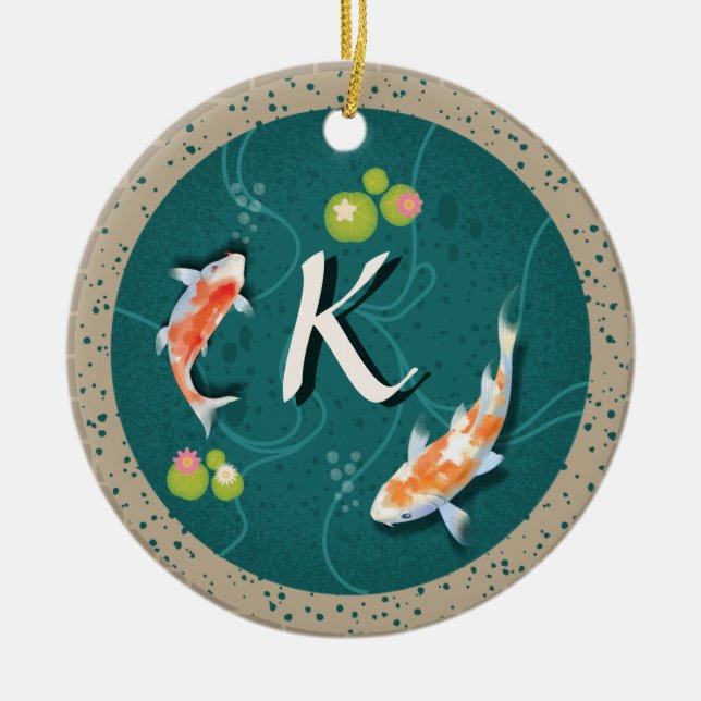 Koi fish in pond 3d realistic personalised initial ceramic ornament (Front)