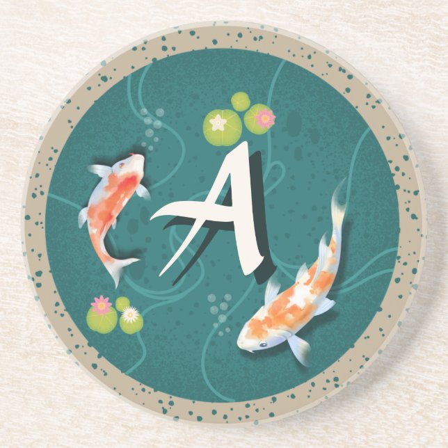 Koi fish in pond 3d realistic personalised initial coaster (Front)