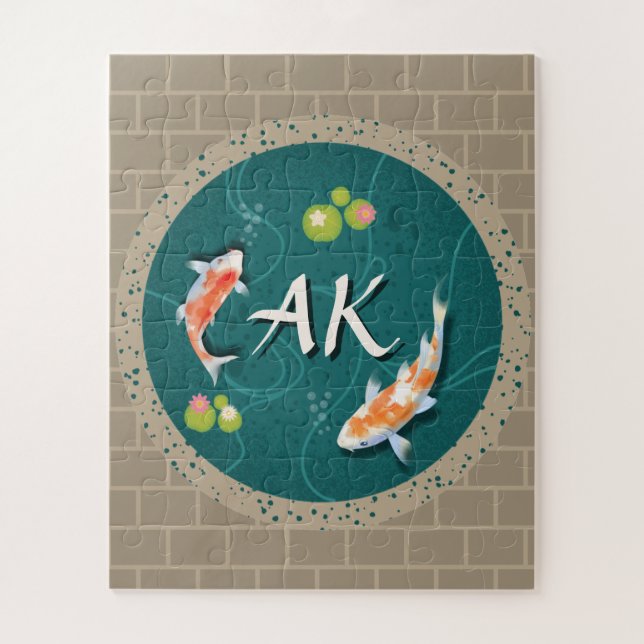 Koi fish in pond 3d realistic personalised initial jigsaw puzzle (Vertical)