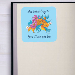 Koi Fish Lotus Cherry Blossoms Bookplate Square Sticker